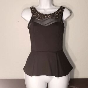 A’gaci Black Peplum Top Size Small - Sheer Mesh Neckline & Sequin Embellished